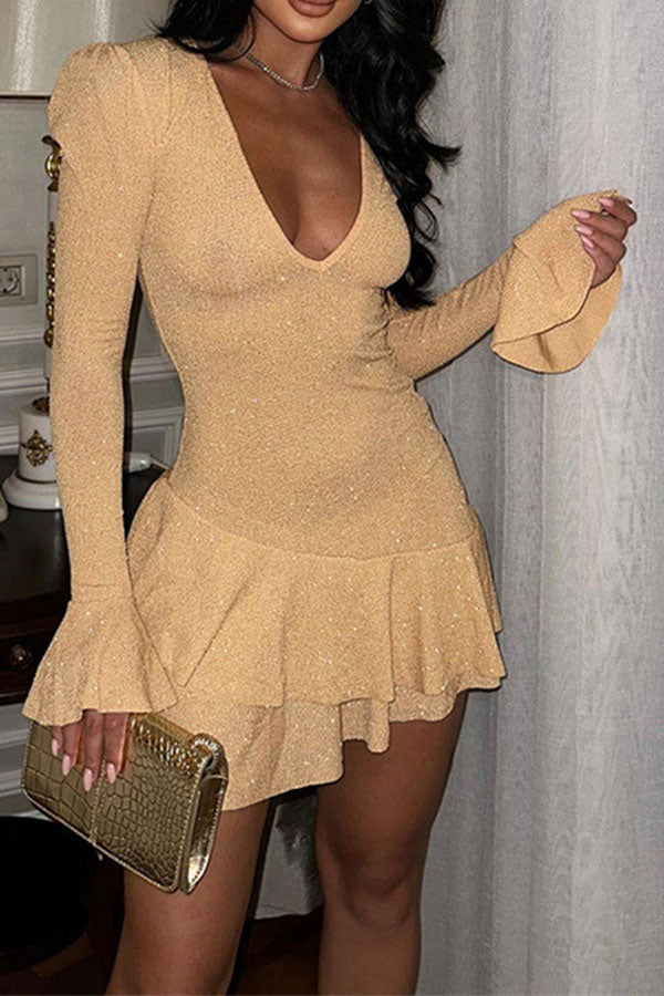 storexq Solid Color Trumpet Sleeve Chic Irregular Ruffle Mini Dress