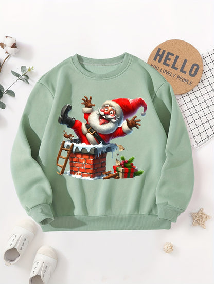 Boys' Cozy Fleece-Lined Christmas Sweatshirt with Santa & Chimney Print - Casual Long Sleeve Pullover for Fall/Winter