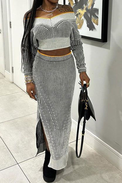 namcoverse Vertical Striped Off Shoulder Chic Dress Suit