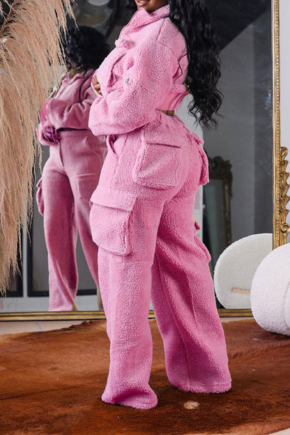 storexq Solid Color Polar Fleece Unusual Multi Pocket Pant Suit