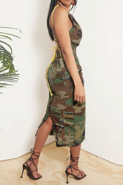 storexq Camouflage One Shoulder Kitsch Strappy Bodycon Midi Dress