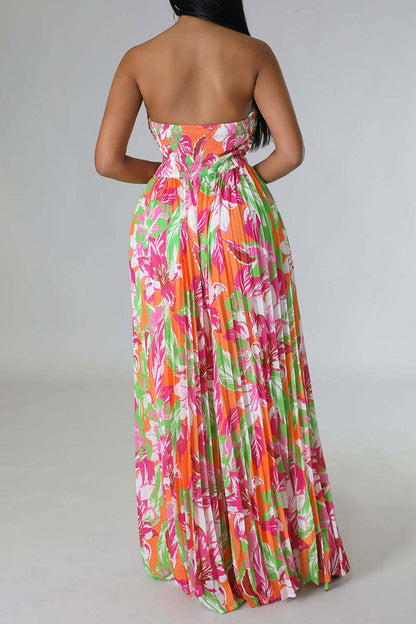 storexq Floral Print Twisted Detail On-trend Pleated Jumpsuit