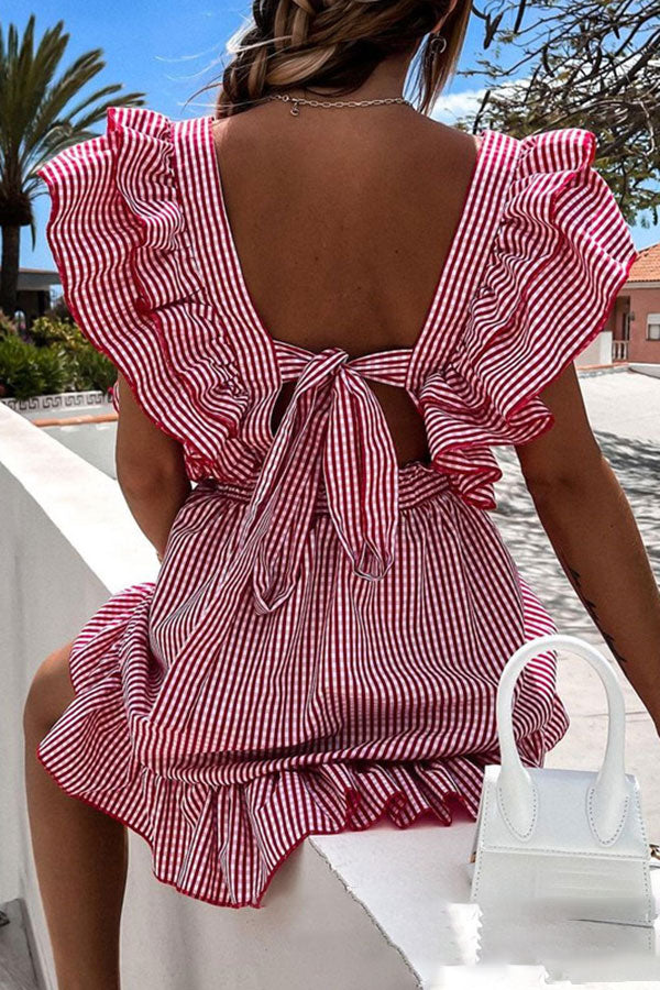 storexq Striped Sweet Ruffle Tie Back Mini Dress