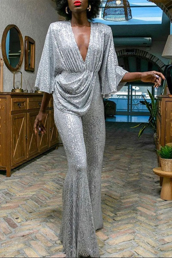 storexq Sequined Glittery Deep V Neck Draped Jumpsuit