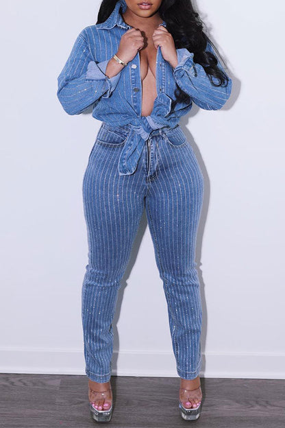 storexq Solid Color Rhinestone Glistening Denim Shirt