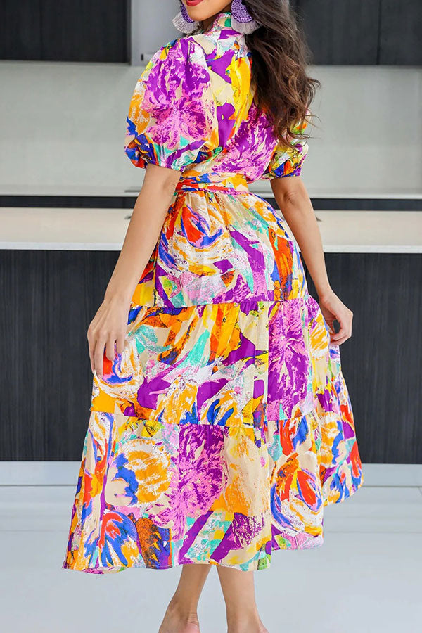 storexq Abstract Print Colorful Belted Tiered Ruffle Midi Dress