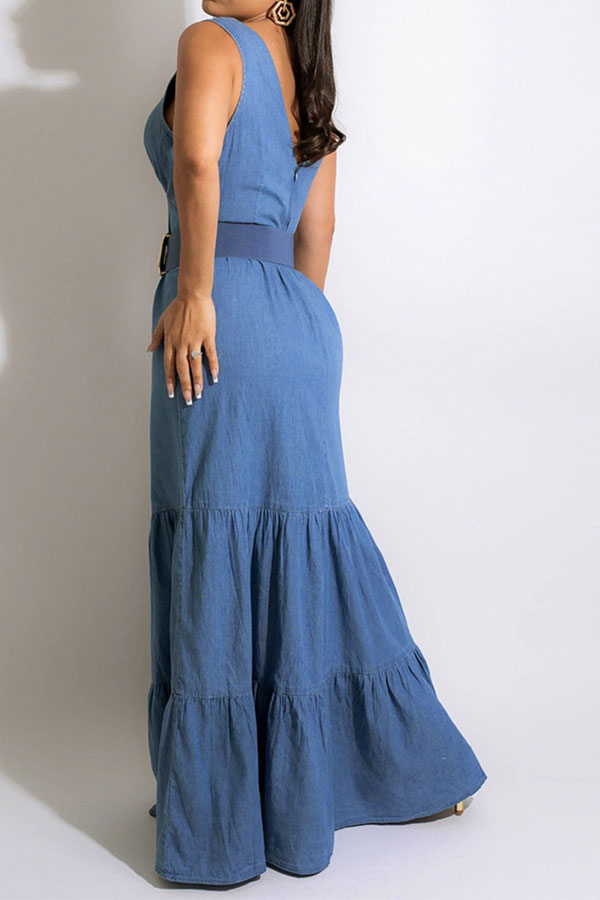 storexq Denim Glamorous Button Decor Tiered Maxi Dress