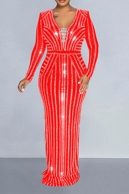 namcoverse Striped Rhinestone Glittery Slit Back Maxi Dress