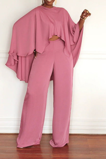 storexq Solid Color Flowy Cape Sleeve Pretty Pant Suit