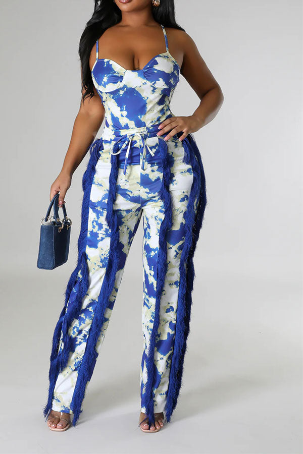 storexq Tie Dye Pretty Tassel Patchwork Pant Suit