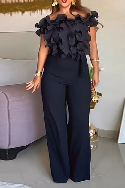 storexq Solid Color Ruffles Glamorous Off Shoulder Jumpsuit