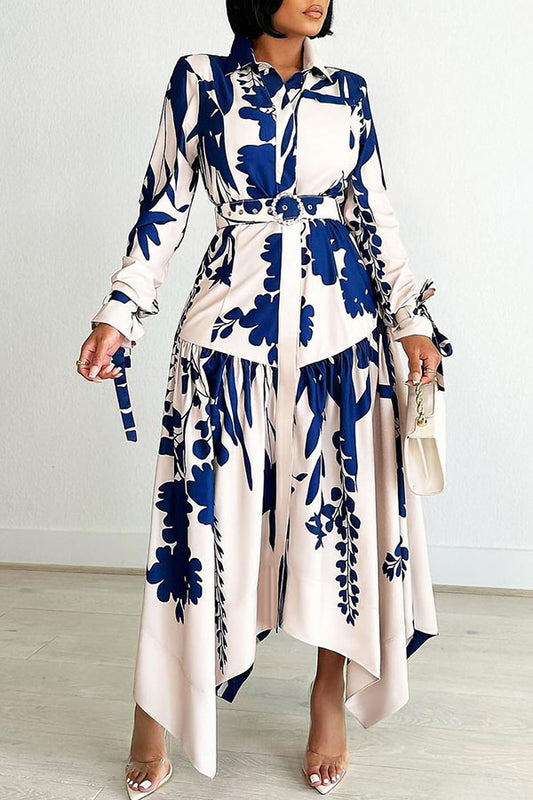 namcoverse Floral Print Feminine Belted Irregular Maxi Dress