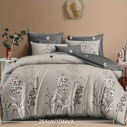 3-Piece Soft Grey Plant Printed Duvet Cover Set - Comfortable, Breathable, and Hypoallergenic Bedding for Bedroom and Guest Room - Includes 1 Duvet Cover and 2 Pillowcases, Without Core, Perfect for Ramadan