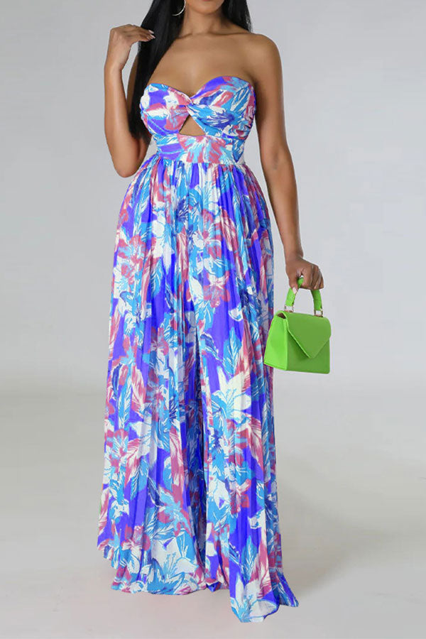 storexq Floral Print Twisted Detail On-trend Pleated Jumpsuit