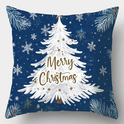 Contemporary Christmas Throw Pillow Covers Set of 4, Hand Washable Blue Polyester Decorative Pillowcases with Zipper Closure, Woven Elk, Christmas Tree, Snowflake Print Cushion Covers for Sofa, Bedroom Decor - 18x18 Inches (Pillow Inserts Not Included)