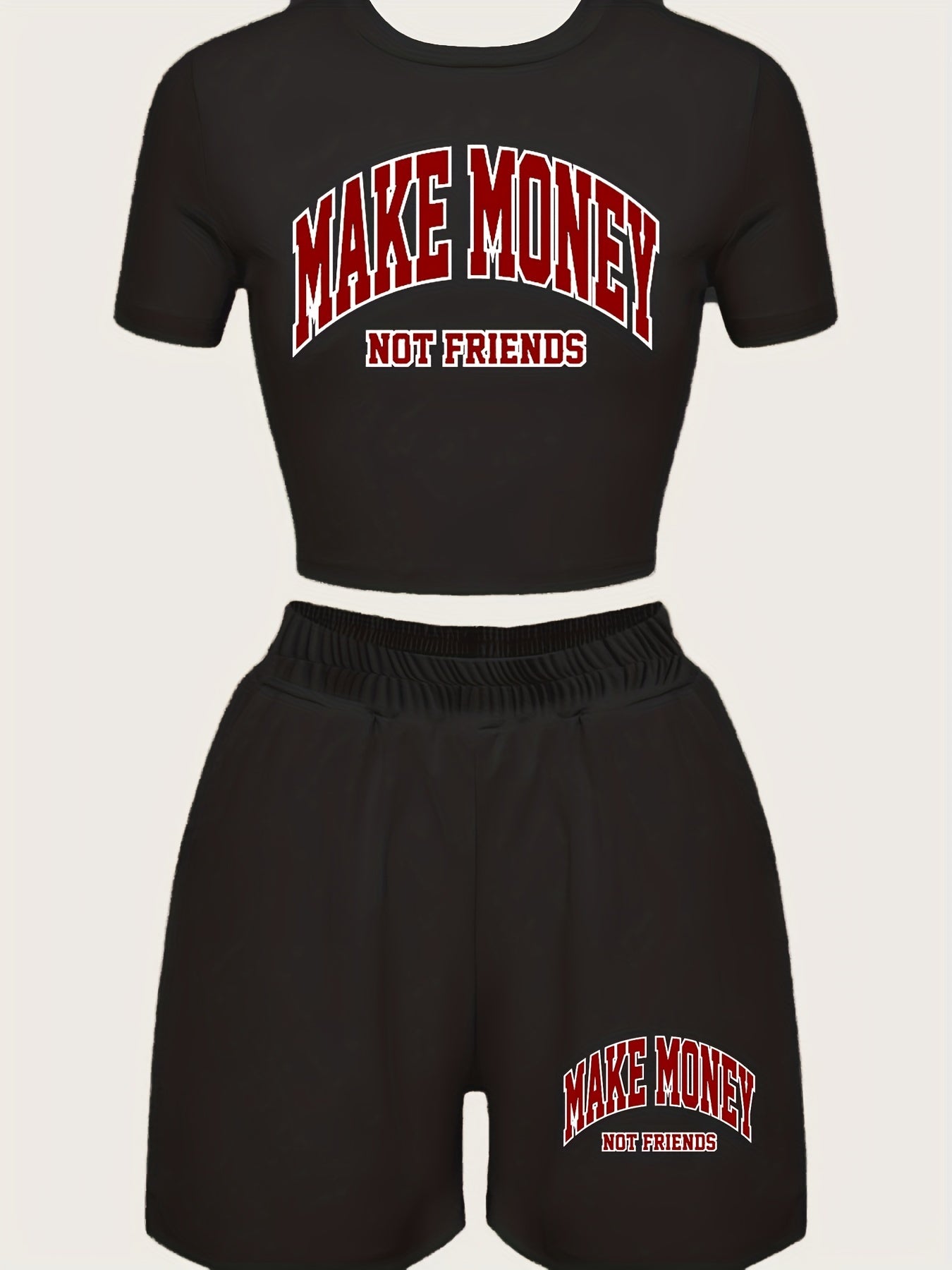 Casual Two-Piece Set - 'Make Money' Motif Cropped T-Shirt & Comfy Loose Shorts - Versatile Outfit for Women