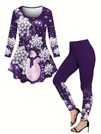 Women's Festive Christmas Snowman & Snowflake Print Long Sleeve Dress and High-Waist Leggings Set - Casual, Machine Washable