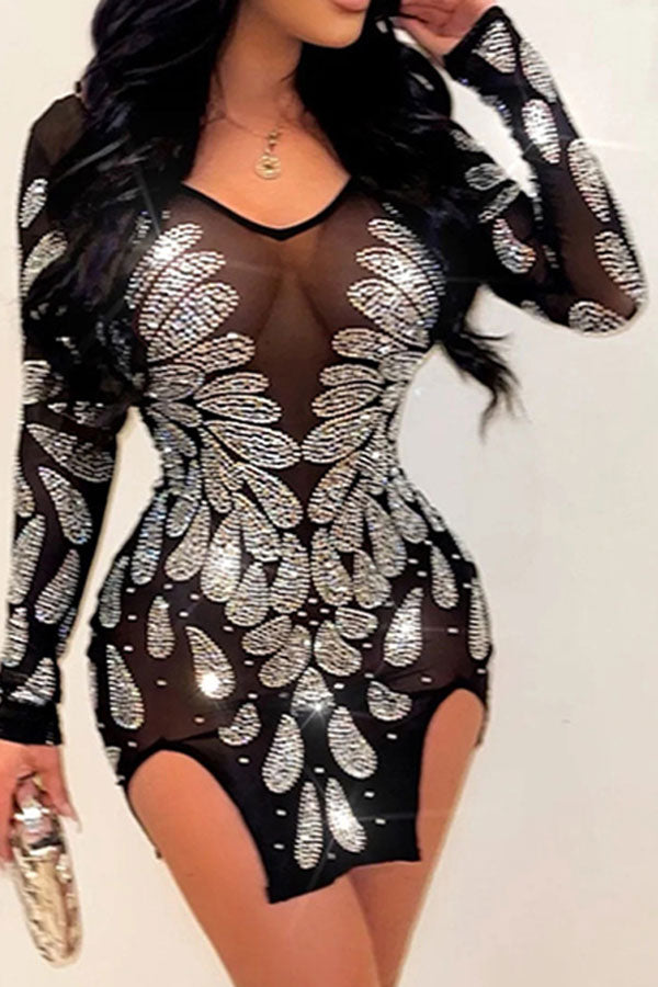 namcoverse Rhinestone Flirty Irregular Split See-Through Mini Dress