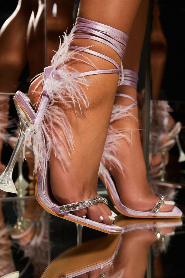 storexq Rhinestone Strap Rocking Feather Trim Strappy Sandals