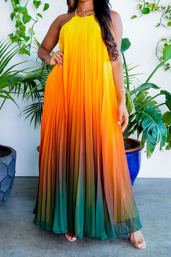 storexq Gradient Glamorous Pleated Backless Maxi Dress