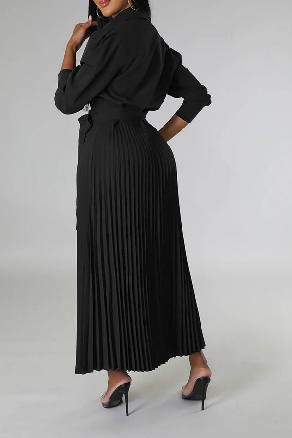 storexq Solid Color Commuting Belted Pleated Midi Dress