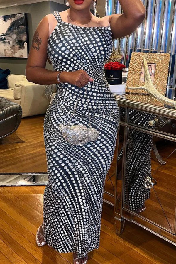 storexq Rhinestone Print Unusual One Shoulder Maxi Dress