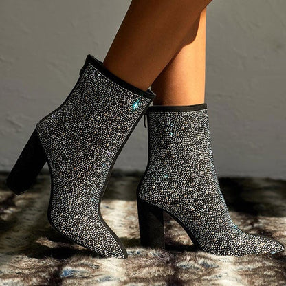 storexq Rhinestone Glittery Pointed Toe Block Boots