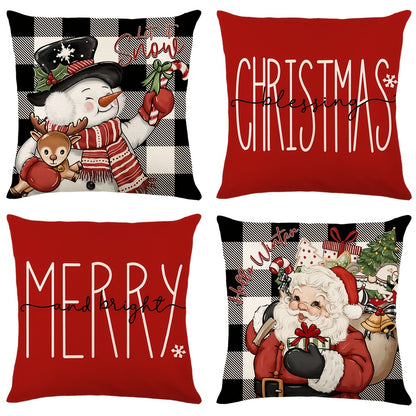 4 Pcs/set Christams Throw Pillow Cover With Four Design: Plaid Trees, Bows, And Messages Like Merry & Bright, Let It Snow; Red Black & White Tones Creates Cozy Holiday Feel, Home Decor, 17.7*17.7inch