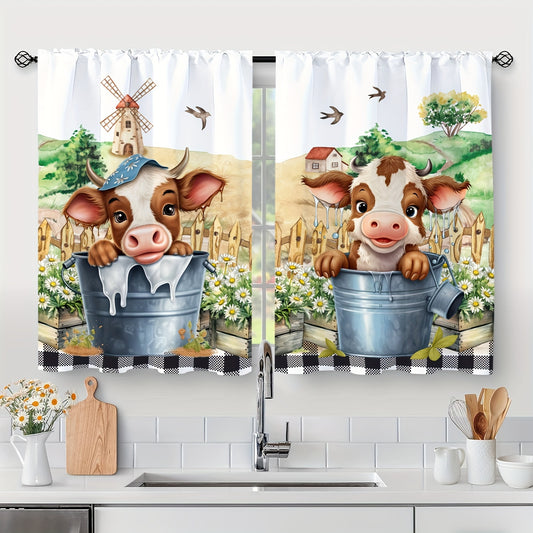 1pc Valance + 2pcs Farmhouse Chic Little Cow Patterned Rod Pocket Curtains - Light Filtering, Small Window Perfect for Kitchens, Bedrooms, Office Study Rooms, Cafes, Living Room Home Decor - Easy Installation, Rod Pocket Top, Machine Washable, and Durable