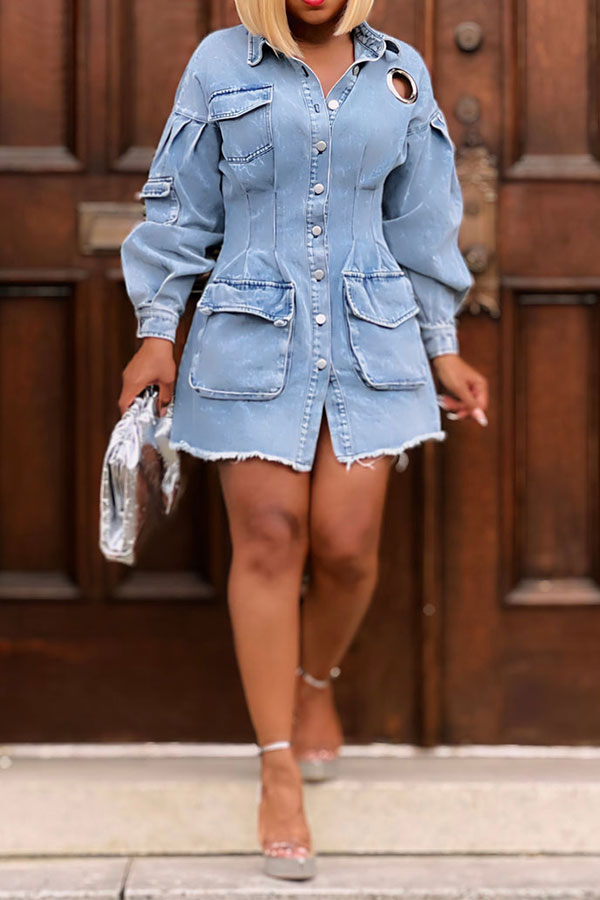 namcoverse Washed Denim Stylish Cutout Multi Pocket Mini Dress