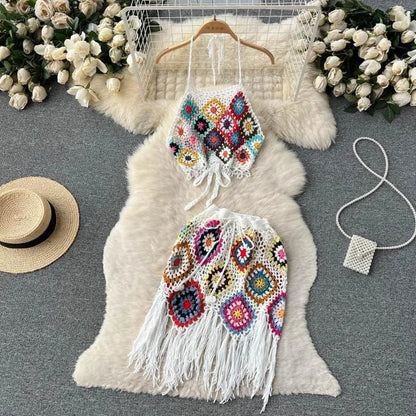 Work Dresses SINGREINY Beach Style Women Matching Set Summer Knitted Halter Backless Camisole Drawstring Tassel Skirt Vacation Two Piece