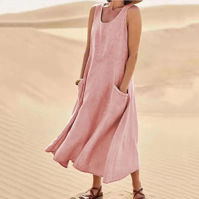 Summer women Casual Dresses pocket sleeveless round neck women's cotton linen dress loose home outdoor skirt cf0 9e0