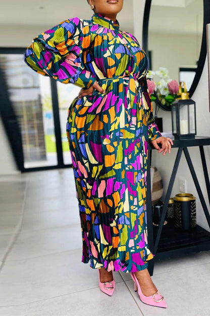 storexq Graphic Print Colorful Belted Pleated Midi Dress