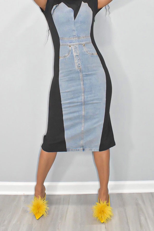 storexq Hit Color Patchwork On-trend Denim Midi Dress