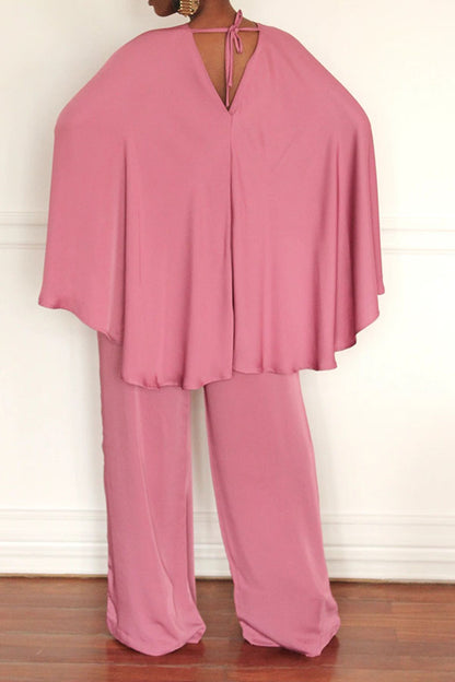 storexq Solid Color Flowy Cape Sleeve Pretty Pant Suit