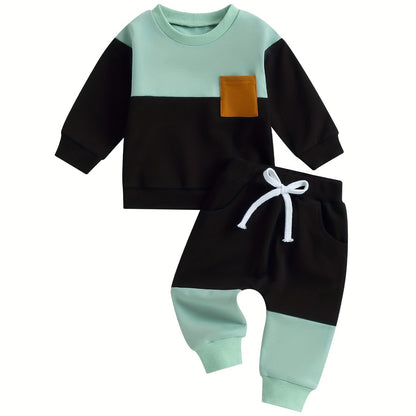 Infant Toddler Baby Boy Clothes Color Block Long Sleeve Sweatshirt Pullover Tops Jogger Pants Set Sweatsuit Fall Winter Outfits 2Pcs