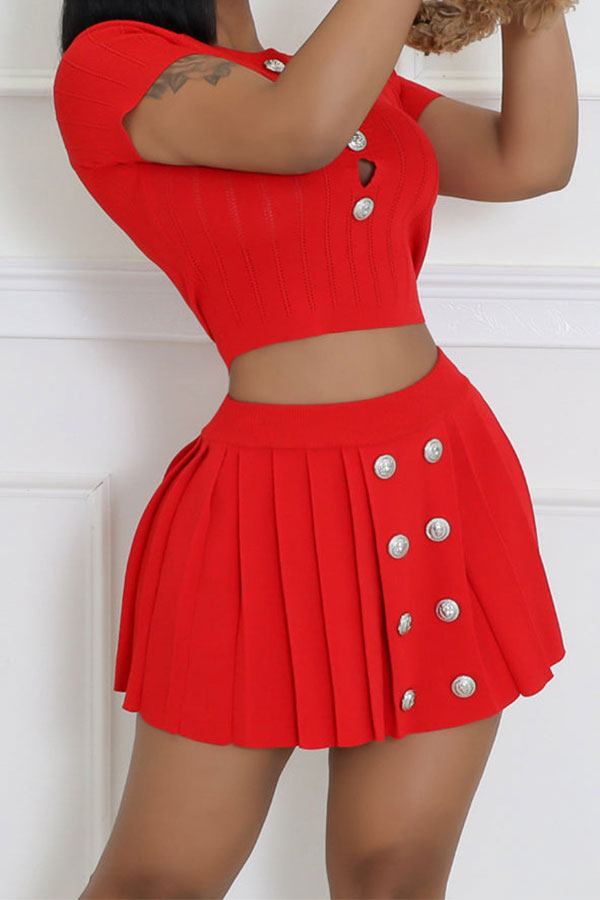 storexq Solid Color Knitted Cozy Pleated Skirt Suit