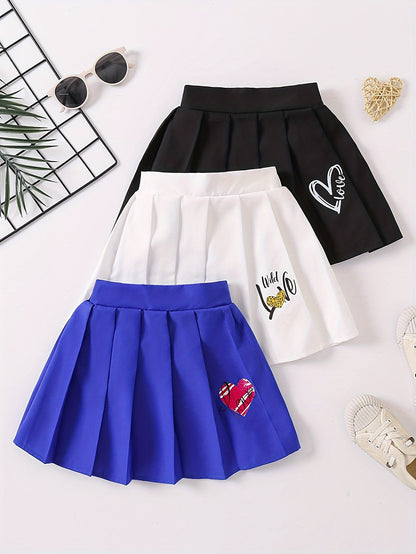 3pcs Girls Heart Graphic Pleated Skirt Set Preppy Style Party Gift