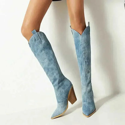 Boots Denim Western Women Knee Thigh High New  Autumn Winter Heel Cowboy Long Size 43 Slip on Woman Shoes H240516