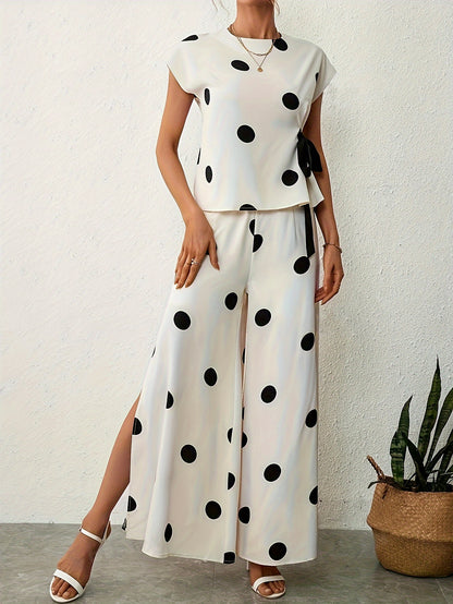 Fashionable Polka Dot Pantsuit Outfit - Soft Crew Neck Top with Back Keyhole & Knot Detail, High Waist Split Pants - A Stylish, Comfortable Wardrobe Staple for Trendy Women