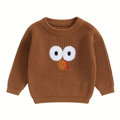 0-5 Years Adorable Turkey Embroidery Crew Neck Sweater - Soft, Long Sleeve, Fall Pullover for Kids, Boys, Girls - Thanksgiving Day Gift, Casual, Comfortable, Warm, Cozy Tops for Autumn