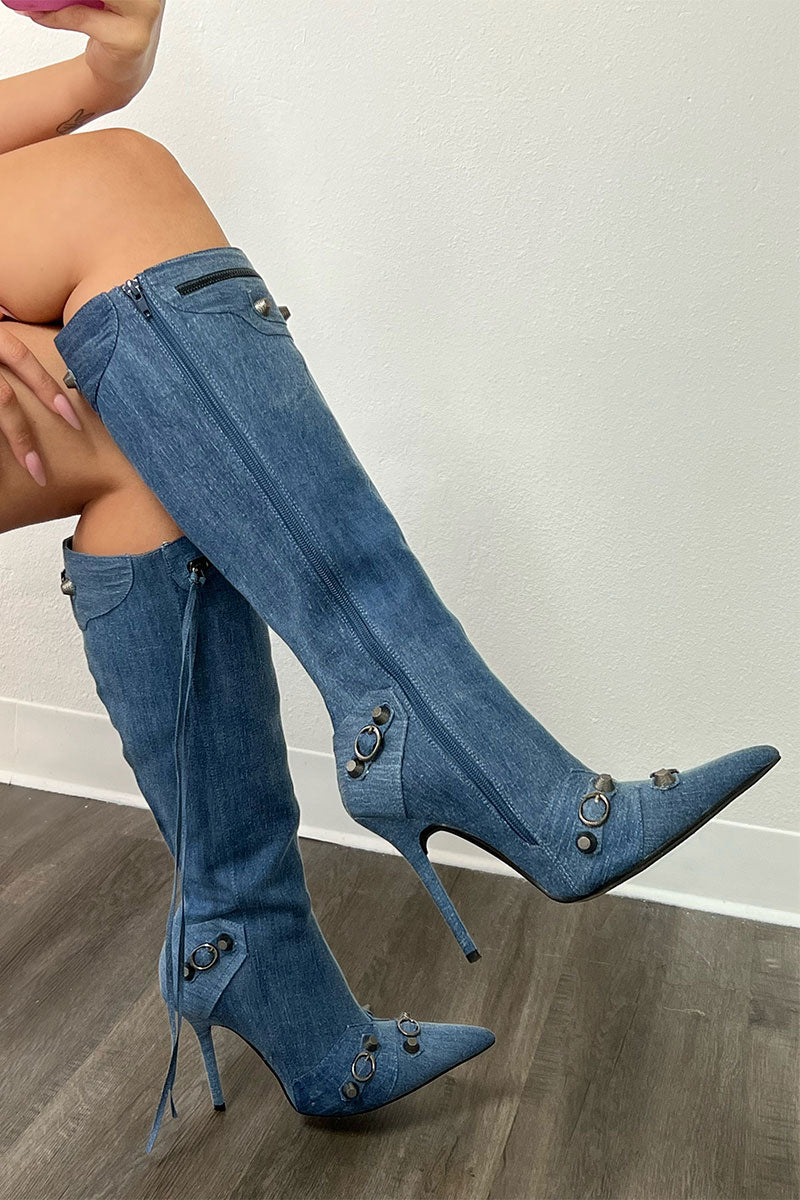 storexq Rivet & Tassel Design Cool Pointed Toe Denim Boots