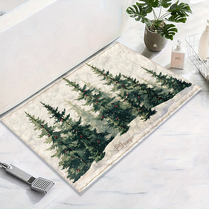 1pc Ultra Soft Microfiber Christmas Tree Snow Scene Non-Slip Bath Mat, Quick Dry Absorbent, Machine Washable, Stain Resistant, Rectangle Polyester Rug for Bathroom, Kitchen, Shower, Ideal for Holiday Decor, Fluffy Plush Winter Decor Decoration