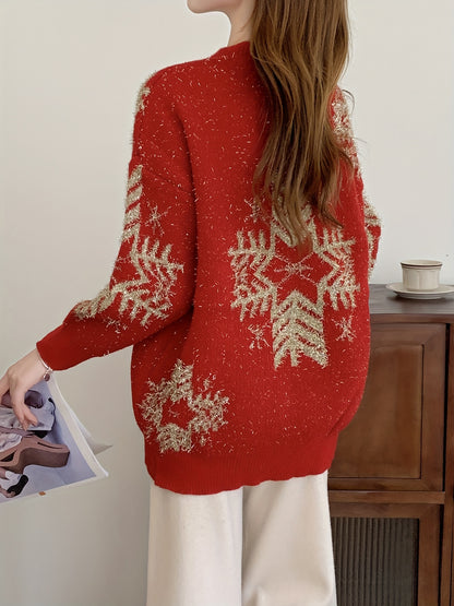 Cozy Women's Christmas Snowflake Pattern Crew Neck Pullover Sweater, Casual Long Sleeve Loose Fit Sweater for Winter