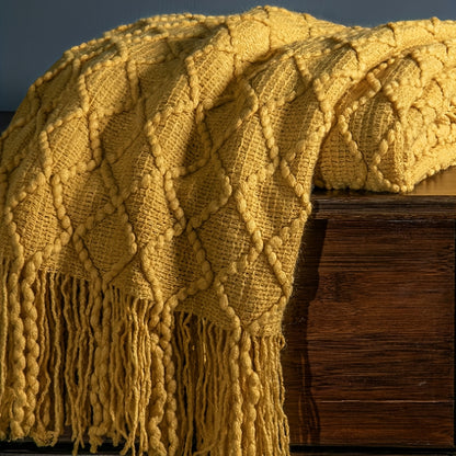 1pc Cozy Yellow Nordic Knitted Blanket - Ultra Soft, Warm, and Lightweight Throw for Couch, Sofa, Office, Bed, Camping, and Traveling - Perfect for Chilly Days and Nights