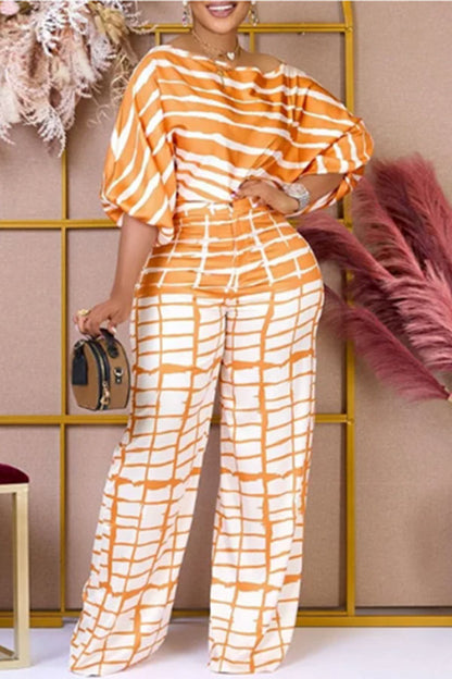 storexq Striped Puff Sleeve Laid Back Wide Leg Pant Suit