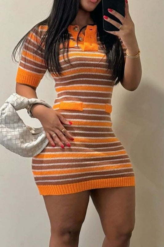 storexq Striped Patchwork Casual Knitted Mini Dress