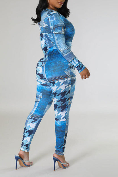 storexq Imitation Denim Print Simple Belted Bodycon Jumpsuit