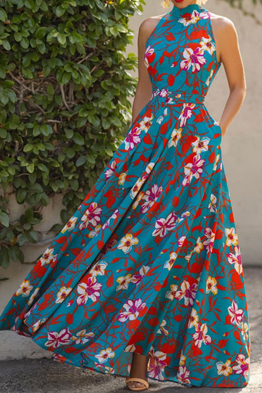 storexq Floral Print Bohemia Lace-Up Belted Maxi Dress