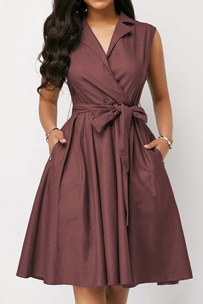 storexq Solid Color Notched Lapel Urban Belted Midi Dress